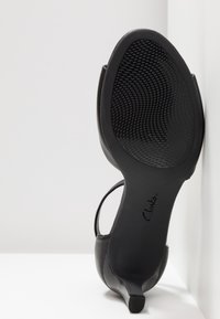 Chaussure à talon haut en cuir noir vue depuis la semelle montrant une texture antidérapante et le nom de la marque, positionnée sur un fond blanc d'angle.