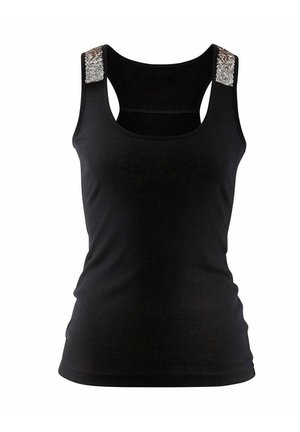 Czarna bezrękawnikowa koszulka z okrągłym dekoltem i teksturowanymi detalami na ramionach. Wykonana z miękkiego materiału o dopasowanym kroju.