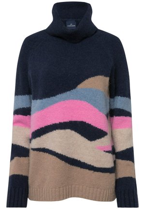 Mørkeblå turtleneck sweater med abstrakte bølgemønstre i pink, beige og lyseblå; blød tekstur; ribbet bund og ærmer.