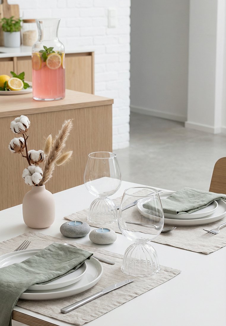 Stół jadalny na dwie osoby, nakryty talerzami, zielonymi lnianymi serwetkami, sztućcami, unikalnymi kieliszkami na nóżkach, świecami oraz wazonem z suszonymi kwiatami w nowoczesnej kuchni.