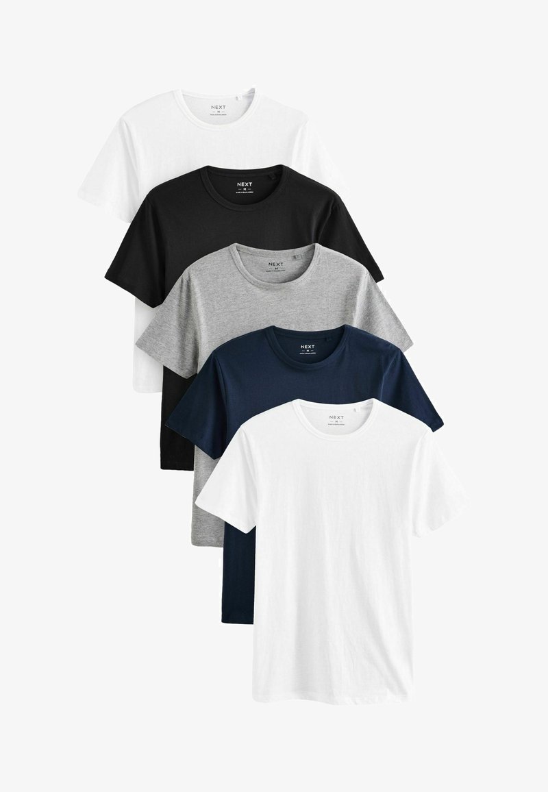 Penki apvalaus kaklo marškiniai: balti, juodi, pilki, tamsiai mėlyni ir šviesiai pilki. Medvilnės audinys, trumpomis rankovėmis ir standartinio silueto.