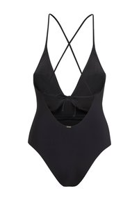 Maillot de bain une pièce noir avec un décolleté en V profond, des bretelles croisées dans le dos et un détail à nouer à l'avant, fabriqué en tissu lisse.