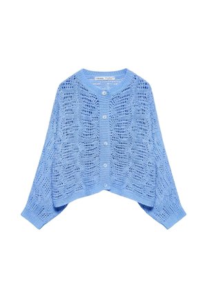 Lichtblauwe gebreide cardigan met ajourpatroon, lange mouwen, knoopsluiting en geribbelde boorden en zoom.