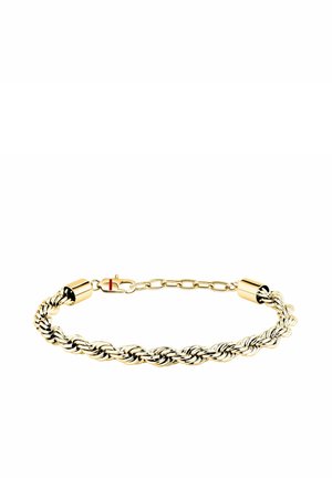 Bracciale catena a corda intrecciata in oro con anelli regolabili e chiusura a moschettone su sfondo bianco.