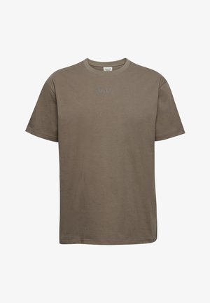Brązowy bawełniany t-shirt z krótkim rękawem i okrągłym dekoltem. Na piersi umieszczony jest mały haftowany niebieski logo "HALO".