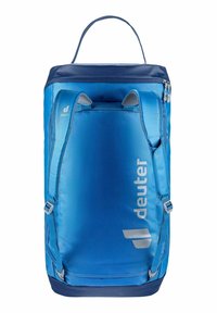 Zaino blu con un tessuto liscio e resistente all'acqua. Caratterizzato da una maniglia superiore, spallacci regolabili e un logo argentato. Inclusa una tasca frontale con zip.