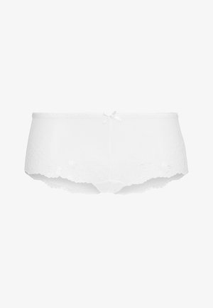 Shorts en dentelle blanche avec un ourlet festonné, une texture délicate et un petit nœud en satin au centre avant, offrant un design doux et féminin.
