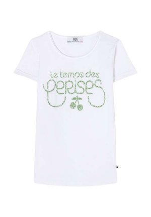T-shirt en coton blanc avec un texte vert qui dit "le temps des cerises" accompagné de graphismes de cerises. Manches courtes et col rond.