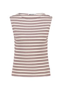 Striped top featuring wide shoulder design, ribbed texture, cream background with burgundy stripes, and a round neckline. Brand label visible.
