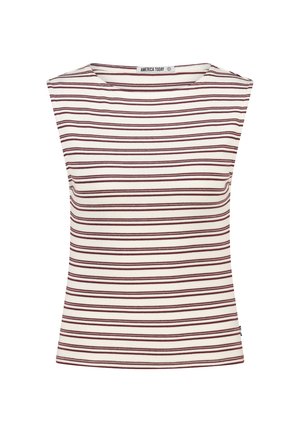 Striped top featuring wide shoulder design, ribbed texture, cream background with burgundy stripes, and a round neckline. Brand label visible.