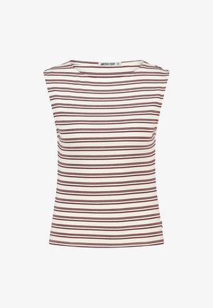 Striped top featuring wide shoulder design, ribbed texture, cream background with burgundy stripes, and a round neckline. Brand label visible.