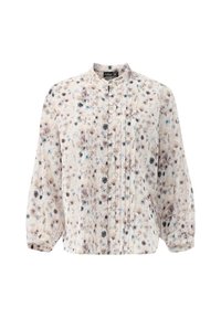 Lightweight, floral-patterned blouse in beige and soft pastel colors. Features pleats, a high neckline, and button-up front with long sleeves.