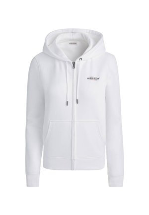 Balta zip-up džemperis, pagamintas iš minkštos medžiagos. Yra pamuštas kapuchonas, dvi priekabos kišenės ir logotipas kairėje krūtinės pusėje. Raukšlėtos rankogaliai.