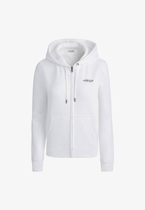 Felpa bianca con zip, realizzata in tessuto morbido. Presenta un cappuccio foderato, due tasche frontali e un accento con logo sul lato sinistro del petto. Maniche a costine.