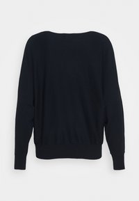 Black, knit sweater with a wide neckline, long sleeves, and ribbed hem. Smooth texture with minimal detailing on the back.
