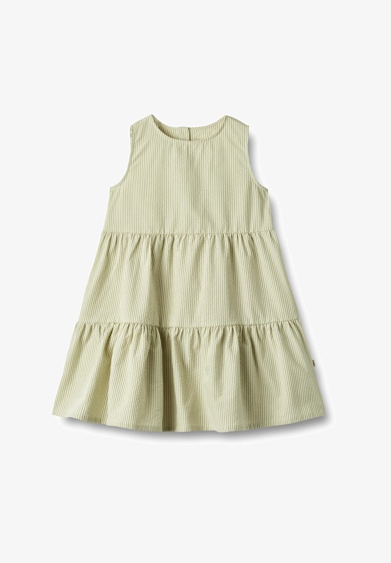Robe bébé sans manches à volants avec encolure ronde, rayures fines verticales vert clair et blanc, tissu froncé à chaque palier.