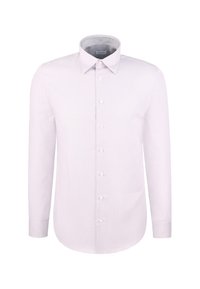 Lichtroze blouse met lange mouwen van textuurstof, met een puntige kraag en witte knopen aan de voorkant.