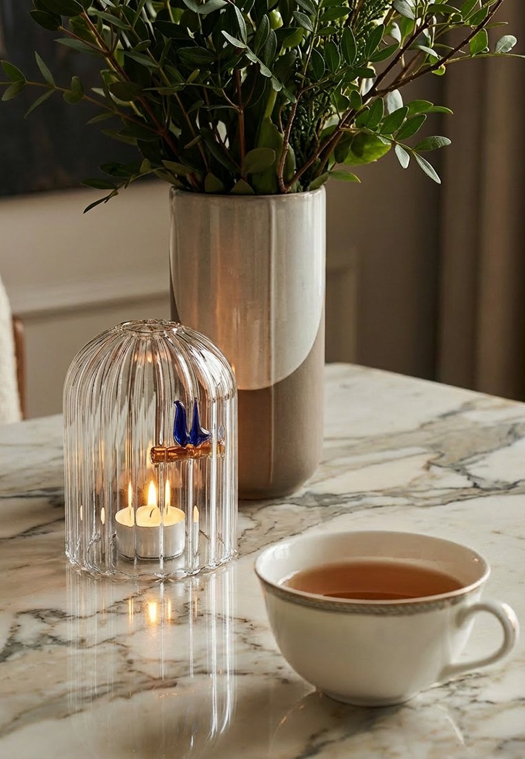 Filiżanka herbaty, zapalona świeca w żłobionej szklanej kopule z niebieskim ptakiem na gałązce oraz beżowy ceramiczny wazon z zieloną rośliną liściastą na marmurowym stole.