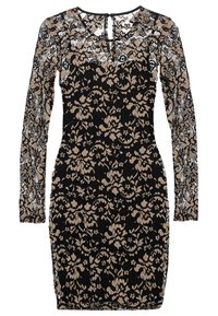 Robe en dentelle avec de longues manches noires, un corps noir ajusté et un motif floral beige, avec un col rond et un détail de dos en trou de serrure.
