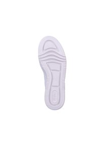 Semelle de sneaker blanche avec une surface en caoutchouc texturée ; présente des rainures courbées et un logo. Le design met l'accent sur l'adhérence et la durabilité.