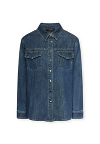 Camicia di jeans blu scuro, con colletto, maniche lunghe, due tasche sul petto e dettagli in metallo lungo le spalle e la pattina dei bottoni.