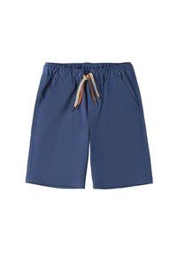 Pantalones cortos azules de tela suave, con una cinturilla elástica y un cordón beige, y dos bolsillos laterales.