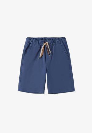 Pantalones cortos azules de tela suave, con una cinturilla elástica y un cordón beige, y dos bolsillos laterales.