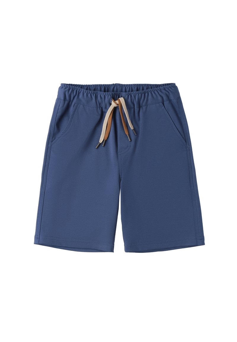 Pantalones cortos azules de tela suave, con una cinturilla elástica y un cordón beige, y dos bolsillos laterales.