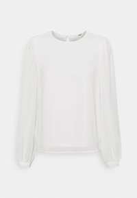 Blouse blanche à manches longues en tissu léger. Dotée d'un col rond et d'épaules froncées, avec des poignets élastiques et un dos en forme de trou de serrure.