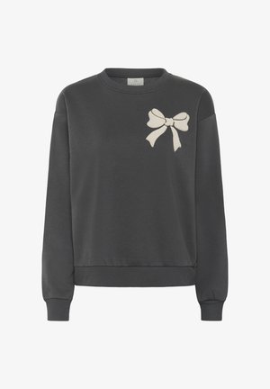 Tummanharmaa puuvillasekoitesweatshirt, jossa on pyöreä kaula-aukko ja vasemmassa rinnassa brodattu vaaleanbeige kukka. Varusteena ribbitetyt hihansuu ja helma.