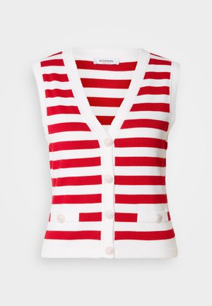 Sarkanais un baltais svītrainais bez piedurknēm veste ar V veida kakla izgriezumu, pieci pogas priekšpusē un divas dekoratīvas kabatas jostas daļā.