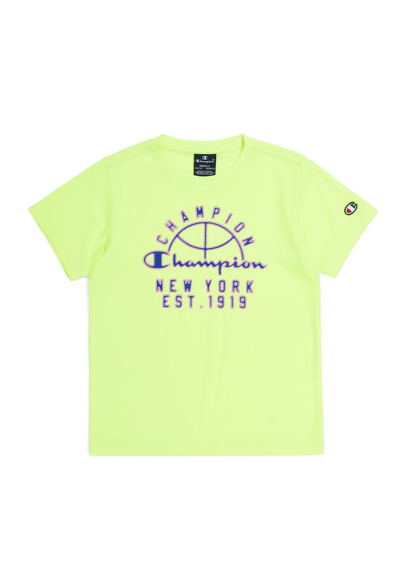 Camiseta de manga corta de color amarillo neón con un logo gráfico en púrpura y rosa que dice "Champion New York EST. 1919" en el frente.