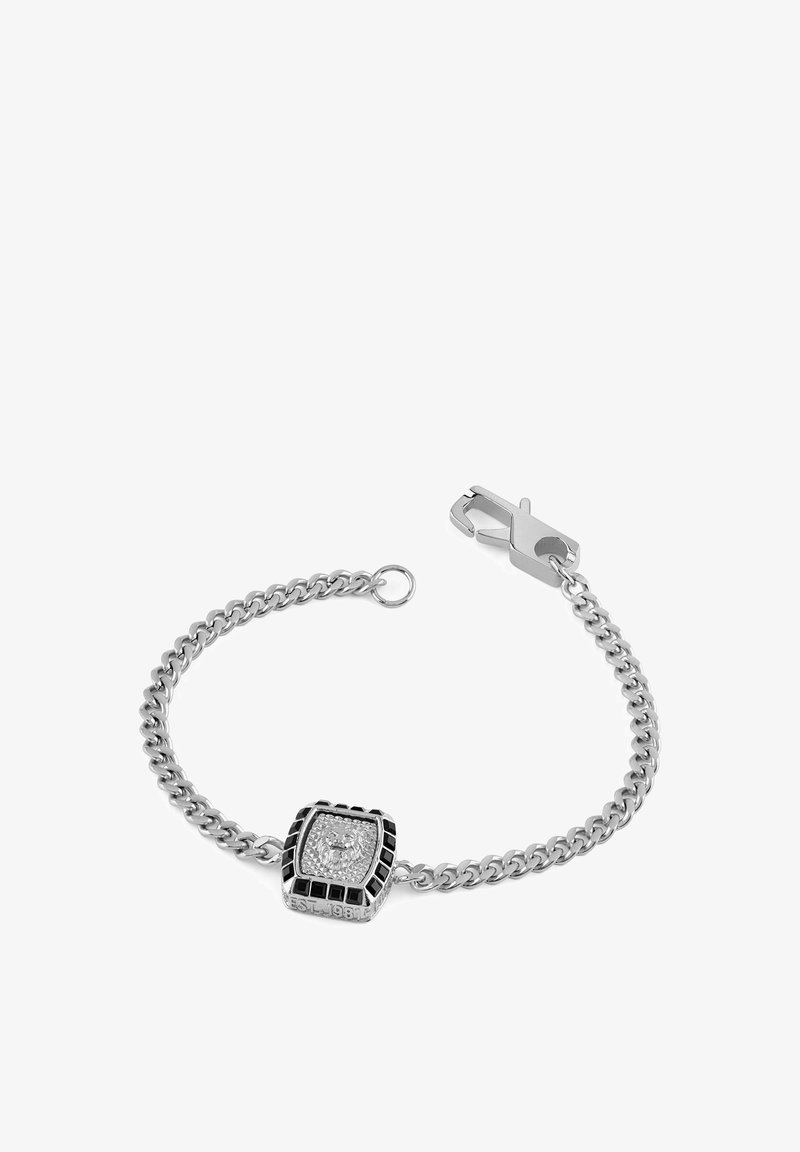 Srebrna verižica za zapestje z kvadratnim središčem iz črnega in prozornega kristala, z sponko na jajčasti mehanizmu in graviranjem.