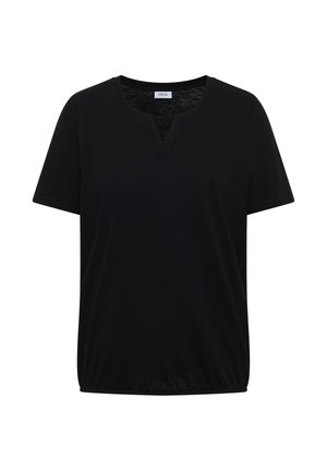 Sort kortærmet skjorte med V-udskæring i rund hals og elastisk kant, vist på en hvid baggrund.