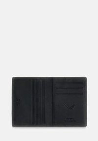 Schwarze Leder-Bifold-Geldbörse mit mehreren Kartenfächern, einem klaren Ausweisfenster und "Guess Genuine Leather" innen geprägt.