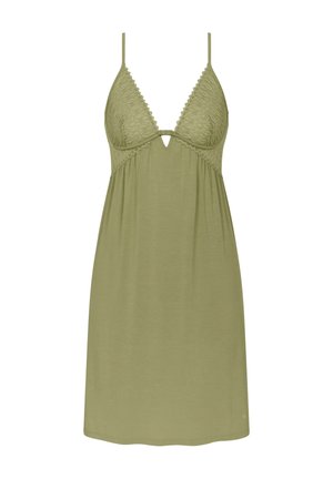 Oliwkowa zielona koszula nocna z teksturowanym koronkowym wzorem na karczku, regulowanymi ramiączkami i małym otworem z przodu.