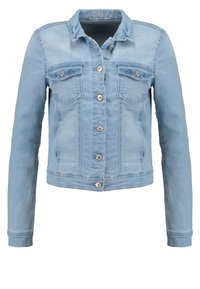 Light blue denim jacket with long sleeves, structured design, two chest pockets, and silver hardware buttons down the front.