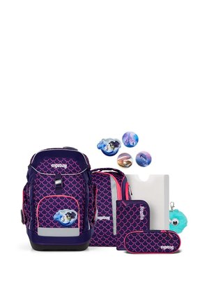 Purple and pink scale-patterned backpack set with pencil case, folder, keychain, and decorative sea-themed magnets.