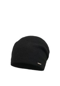 Zwarte gebreide beanie met een zachte textuur, voorzien van kleine zwarte versieringen en een discreet metalen logo-label dat in de rand is genaaid.