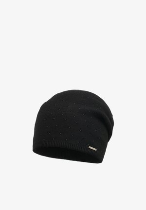 Bonnet tricoté noir avec une texture douce, agrémenté de petites décorations noires et d'une étiquette en métal discrète cousue sur le bord.