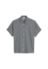 Kurze Ärmel Hemd mit Knopfleiste, das ein geometrisches Sternmuster in Marineblau und Creme präsentiert. Hergestellt aus leichtem Stoff und mit einem klassischen Kragen.
