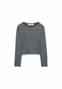 Chemise courte à manches longues avec des rayures horizontales gris foncé et clair et un col rond.