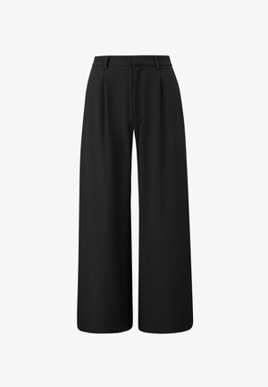 Pantaloni neri a gamba larga, vita alta, con passanti per cintura e pieghe frontali, mostrati su sfondo bianco.