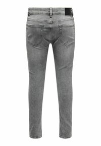 Jeans in denim grigio con una vestibilità slim, dotati di vita media, tasche posteriori e dettagli di cucitura sulle cuciture.