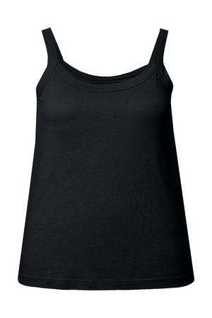 Čierne dámske tielko bez rukávov s hlbokým výstrihom a širokými ramienkami, zobrazené na bielom pozadí.