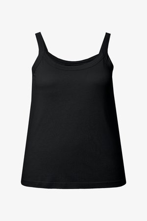 Čierne dámske tielko bez rukávov s hlbokým výstrihom a širokými ramienkami, zobrazené na bielom pozadí.