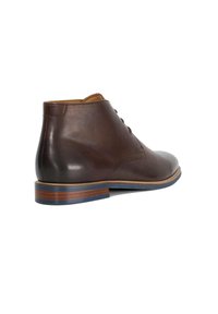 Brown leather ankle boot with a smooth finish, round toe, and contrasting blue sole. Features light brown accents and minimal lacing.