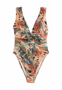 Costume intero da bagno con un vivace motivo astratto multicolore, scollatura a V profonda, spalline larghe e fascia in vita aderente. Tessuto morbido al tatto.