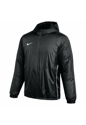 Schwarze Nike Kapuzenjacke mit Frontreißverschluss, elastischen Bündchen und dezenten weißen Details an den Seiten für Herren oder Unisex.