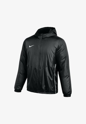 Sort Nike hættetrøje med frontlynlås, elastiske manchetter og subtile hvide detaljer på siderne til mænd eller unisex.
